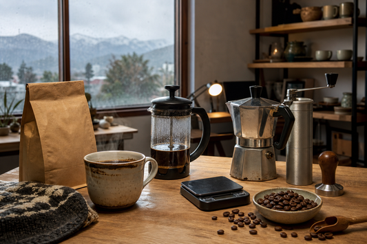 Setup realista de café de especialidad en casa en Chile con prensa francesa, cafetera italiana, molinillo y granos.