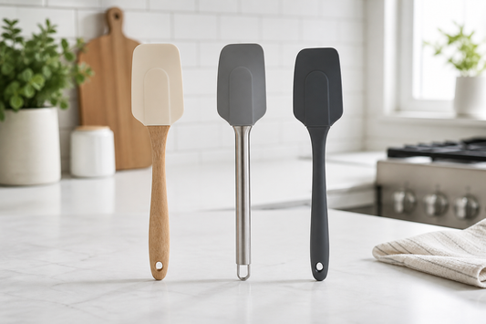 Utensilios de silicona con mangos de madera, acero y silicona completa sobre una cubierta de cocina