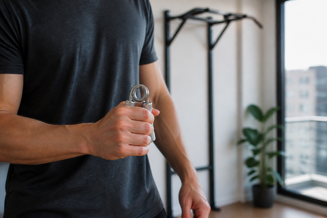 Persona entrenando antebrazos y fuerza de agarre con un hand grip en casa