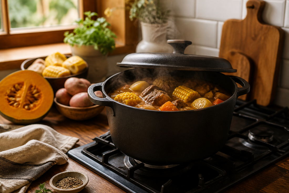 Olleta de fierro fundido con tapa preparando un guiso en una cocina doméstica