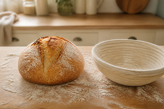 Banneton redondo con pan de masa madre en una cocina casera