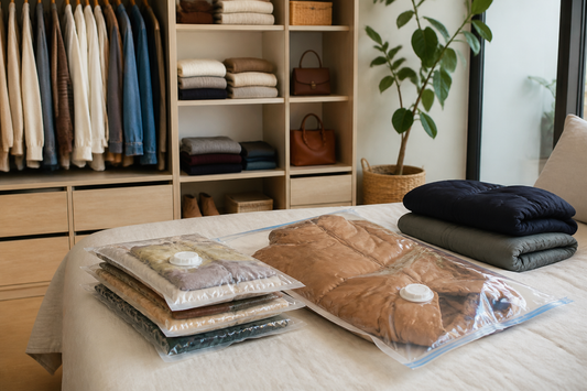 Clóset ordenado con bolsas al vacío para ropa y ropa de temporada