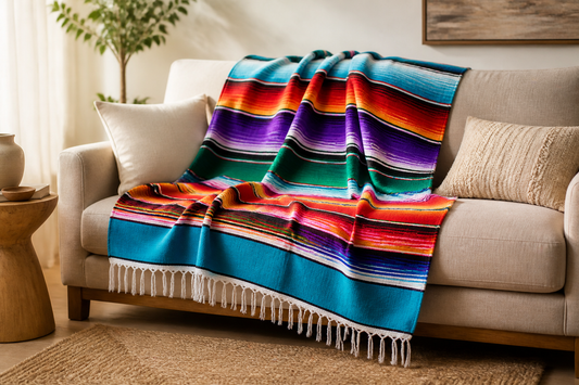 Manta mexicana tipo sarape centrada sobre un sillón en un living luminoso