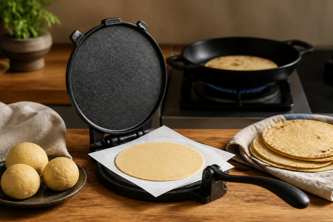 Prensa de hierro fundido para tortillas junto a sartén de fierro y tortillas caseras