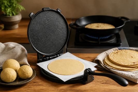 Prensa de hierro fundido para tortillas junto a sartén de fierro y tortillas caseras