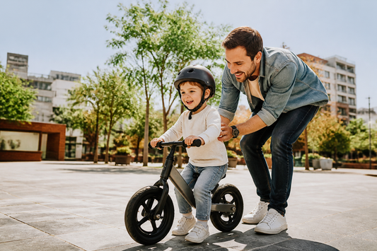 Niño usando bicicleta sin pedales con casco en una plaza segura