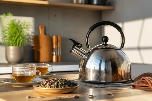 Tetera de acero inoxidable sobre encimera de cocina junto a tazas de té