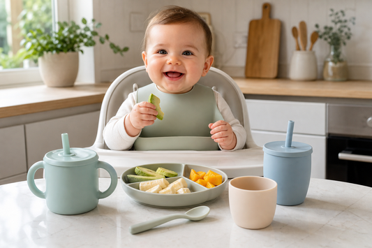 Guagua en silla de comer con vasos de transición, plato de silicona y alimentos BLW.