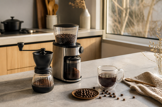Molinillo de café manual y eléctrico junto a granos y una taza de café recién preparado
