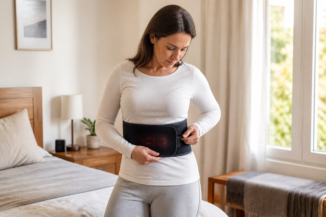 Persona ajustando de forma segura una faja lumbar con calor sobre una polera