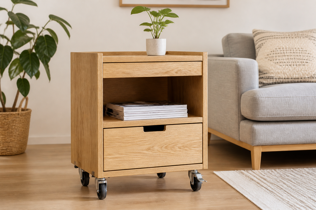 Mueble de madera equipado con ruedas giratorias con freno sobre un piso delicado