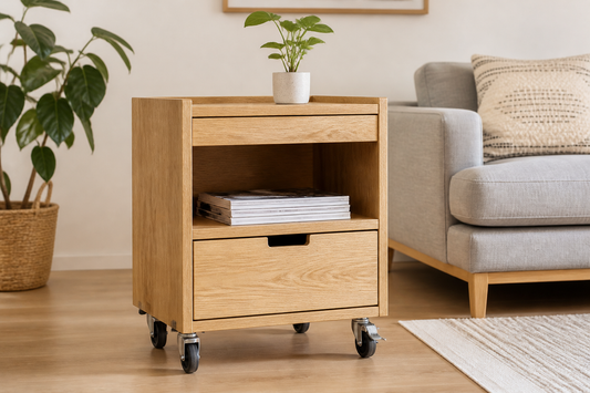 Mueble de madera equipado con ruedas giratorias con freno sobre un piso delicado