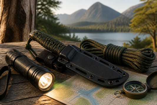 Cuchillo de camping con linterna y kit outdoor sobre mesa de madera