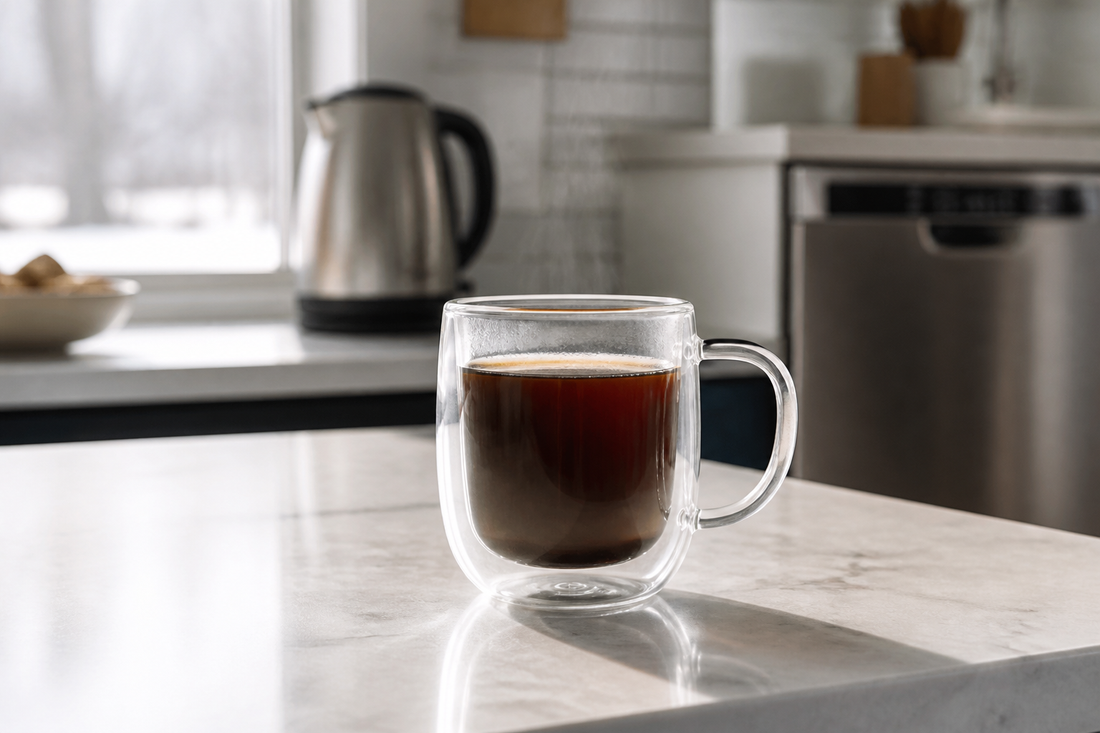 Taza de vidrio doble pared con café caliente en una cocina