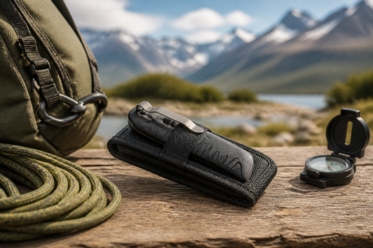 Navaja plegable cerrada y protegida en una funda sobre equipo de camping, con paisaje cordillerano chileno