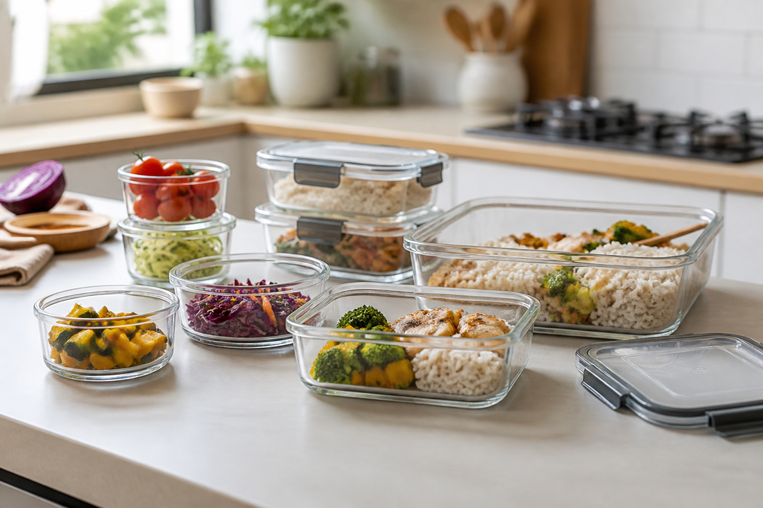 Tuppers de vidrio de distintos tamaños para almuerzo, sobras y meal prep