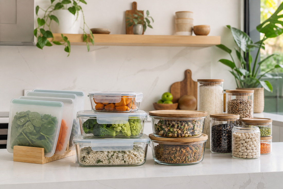Cocina ordenada con contenedores herméticos, tapers de vidrio, bolsas reutilizables y frascos para conservar alimentos