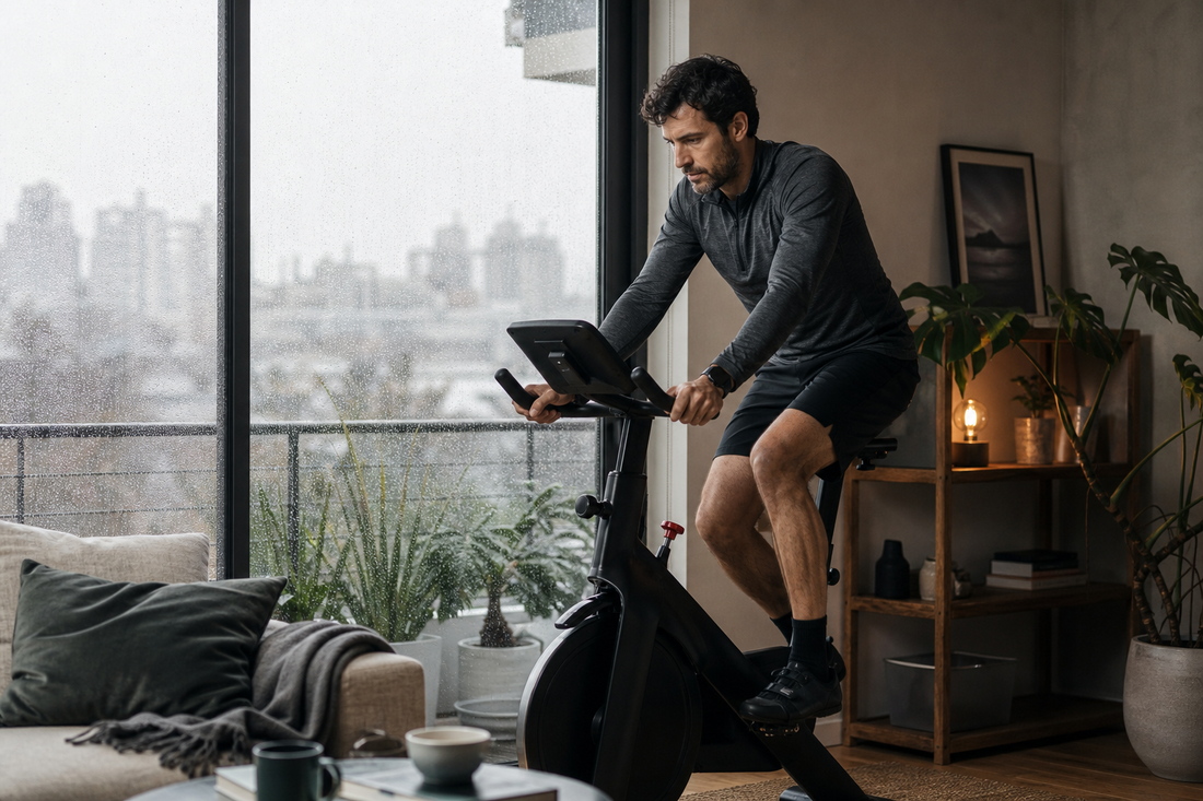 Entrenamiento cardiovascular en casa con bicicleta estática durante invierno en Chile