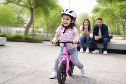 Niña usando bicicleta sin pedales con casco en una plaza