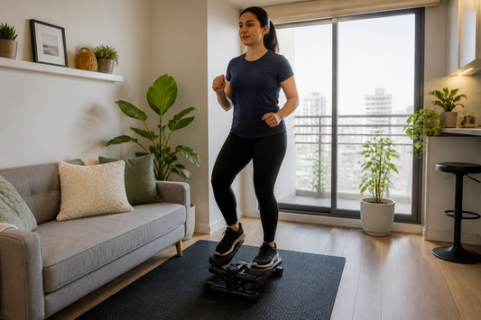 Persona haciendo cardio en casa sin ruido con un mini stepper en un departamento