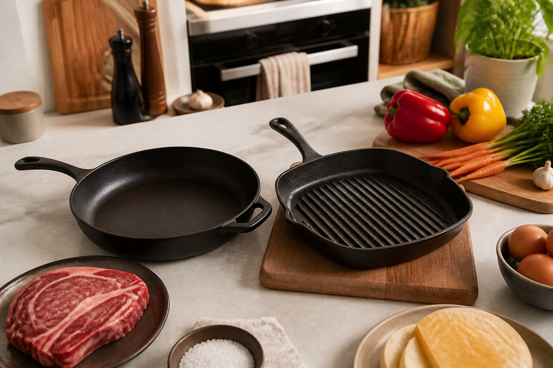 Sartén de hierro lisa y sartén grill comparadas con ingredientes para cocinar