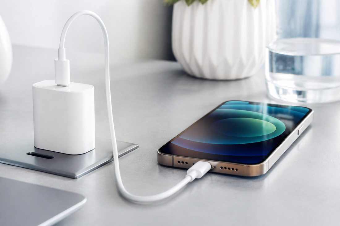 iPhone cargando con adaptador USB-C para carga rápida