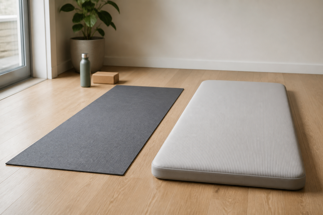 Comparación entre un mat de yoga delgado y una colchoneta de pilates más gruesa en una sala de casa.