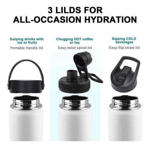 Termo Botella Agua Termica Acero Inoxidable 740ml + 3 Tapas Blanco