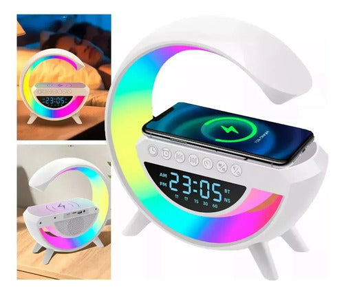 Parlante Bt Fm + Cargador Inalámbrico Reloj Lampara Norplat Blanco