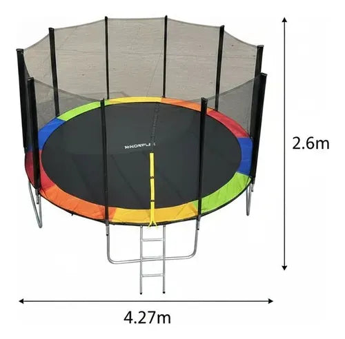 Trampolín grande para patio con lona negra y protección de resortes multicolor