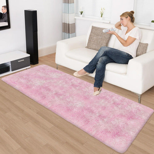Alfombra Bajada De Cama Peluda 160x60cm 3cm Suave - Norplat Rosa Jaspeado Liso