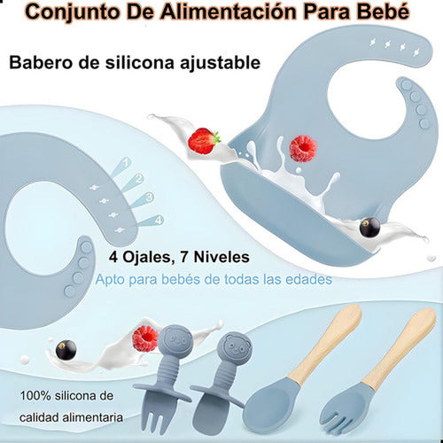 Set Alimentación Bebe Silicona 8 Piezas Bpa Free - Norplat Celeste