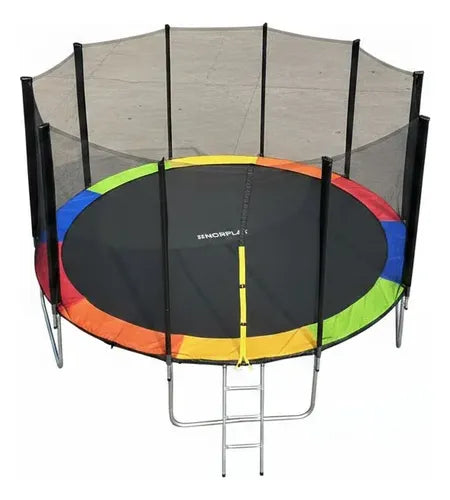 Cama elástica 14 pies para niños con red negra y cobertor multicolor