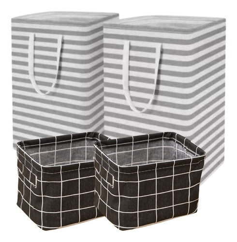 4 Cesto Grande Ropa Sucia Y Lavandería Plegable - Norplat Gris Y Blanco Rayado