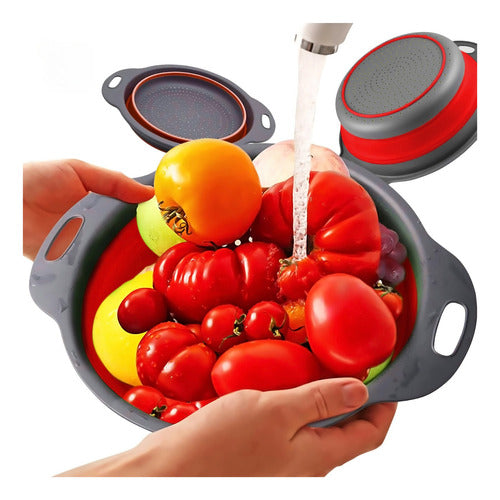 Colador Plegable Para Lavar Fruta O Verdura - Cukin Gris Y Rojo