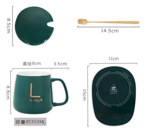 Taza Con Calentador Eléctrico Cuchara Caja De Regalo Cafe Te Blanco Lucky
