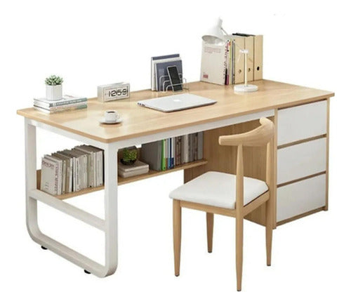 Escritorio Oficina Melamina Metal 3 Cajones 100x50cm Norplat Madera Y Blanco