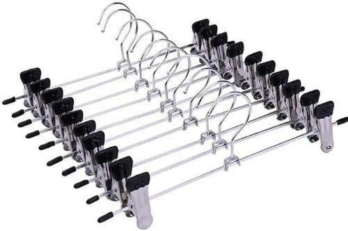 Pack 10 Colgadores Ganchos Metalicos Con Pinza Para Pantalon Plateado
