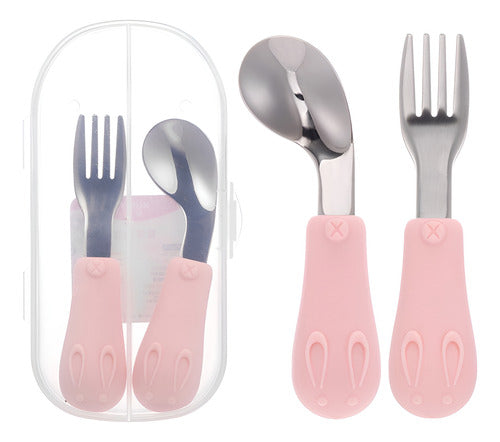 Set De Cubiertos Niño Niña Bebe Cuchara Tenedor Con Estuche Rosa