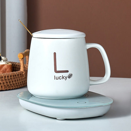 Taza Con Calentador Eléctrico Cuchara Caja De Regalo Cafe Te Blanco Lucky
