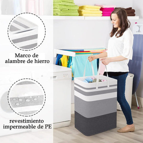4 Cesto Grande Ropa Sucia Y Lavandería Plegable - Norplat Gris Y Blanco Rayado