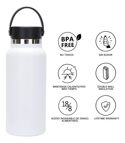 Termo Botella Agua Termica Acero Inoxidable 740ml + 3 Tapas Blanco