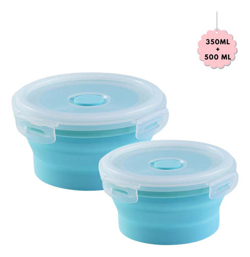 Contenedores Silicona Plegables X2 Tapa Alimentos Microondas Celeste