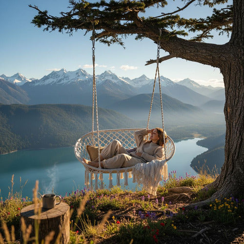 Silla Hamaca 2 Plazas Colgante Artesanal De Macrame Norplat Macramé Beige Claro