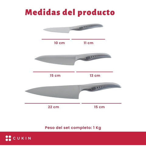 Set 3 Cuchillos Con Bloque - Cukin Plateado