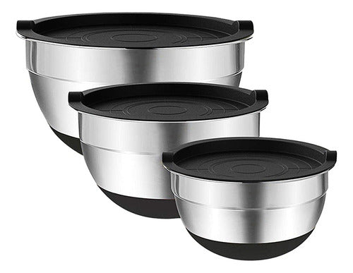 Set 3 Bowls Con Tapa Acero Inoxidable Antideslizante Norplat Negro