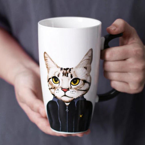 Taza Tazón Grande Gato 650ml Tapa Cuchara Bombilla - Norplat 02 - Blanco