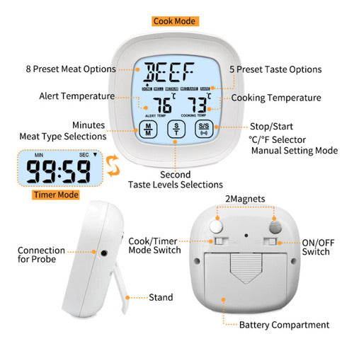 Termómetro Temporizador Digital Para Carnes Parrilla Norplat Blanco