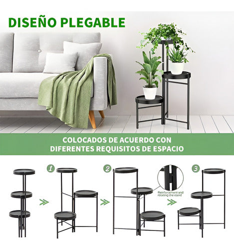 Pedestal Para 3 Plantas / Porta Maceteros Metalico - Norplat Negro Lisa