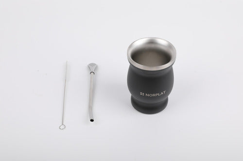 Mate Termico De Acero Inoxidable Norplat + Bombilla Cepillo Negro Mate